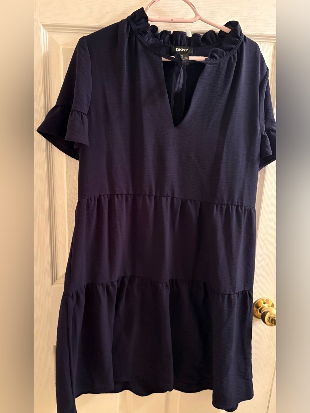 DKNY Navy Short Ruffle Sleeve Tiered Dress